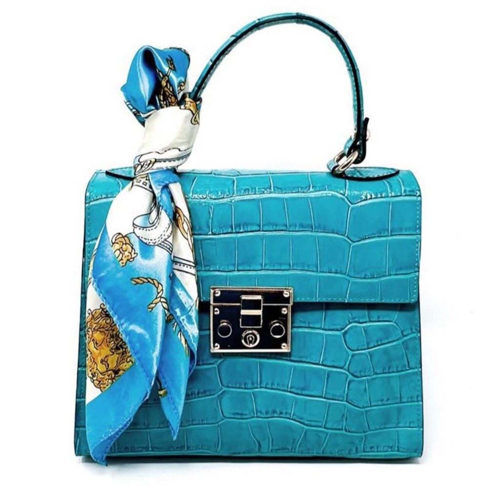 ITALIAN LEATHER CROCO EMBOSSED BAG HANDBAG with ACCENT SCARF- MADE IN ITALY